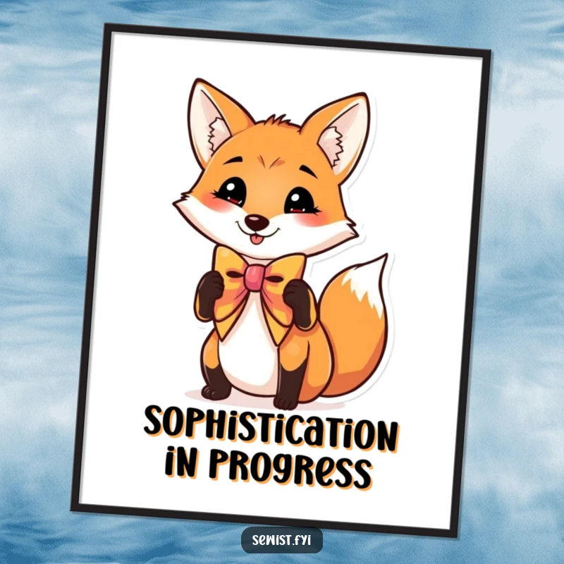 Funny digital art print of a charming fox adjusting its bow tie, offering elegant and humorous wall decor for any space.