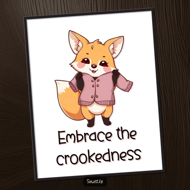 Funny fox dressmaker digital art print, a playful creature proudly holding a slightly crooked garment, whimsical wall decor for sewers, a gift.