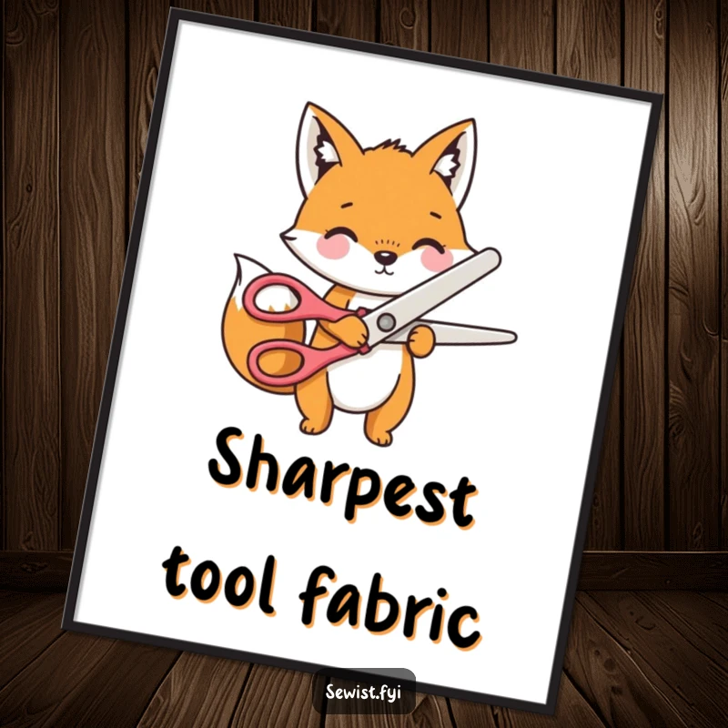 Funny Digital Art Print of a playful fox character cutting fabric with oversized novelty scissors, for wall decor.
