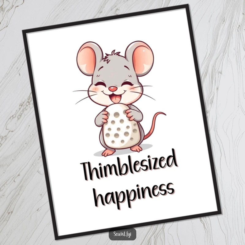 Funny Digital Art Print of a delighted mouse character using a thimble, perfect for sewing-themed wall decor.
