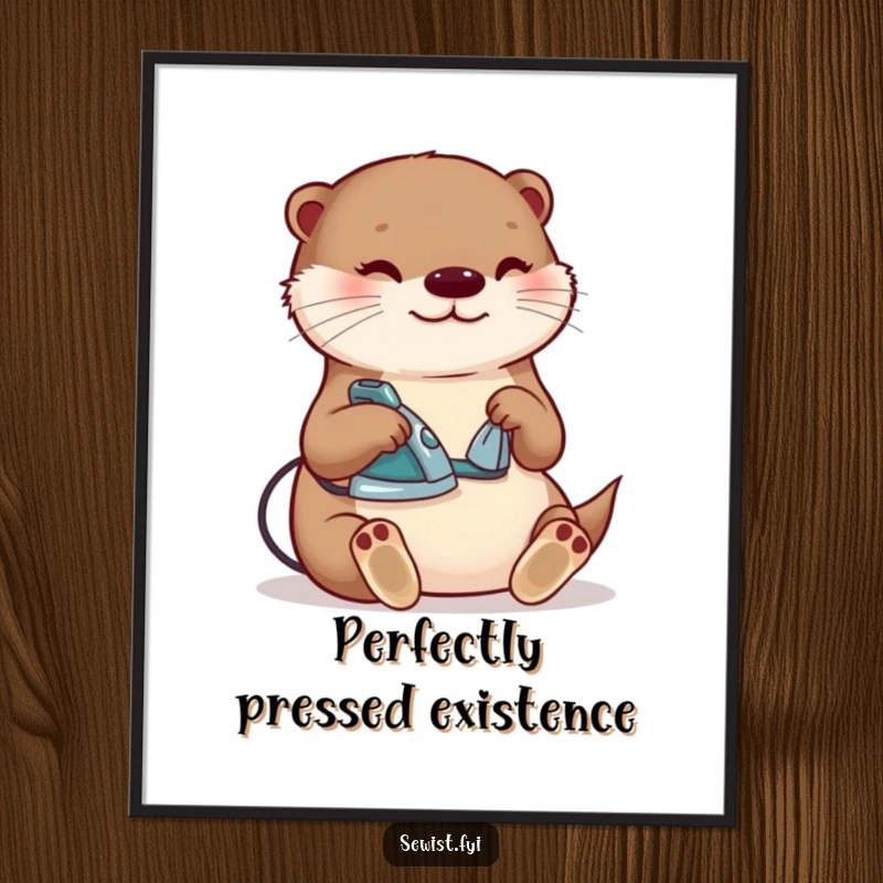 Funny otter ironing digital art print, a content creature happily pressing a seam with a tiny iron, whimsical wall decor for sewers, a gift.