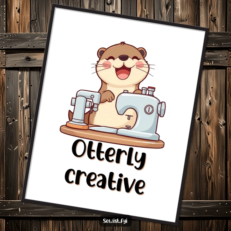 Funny otter digital art print of a joyful otter operating a sewing machine with a happy whirring sound.