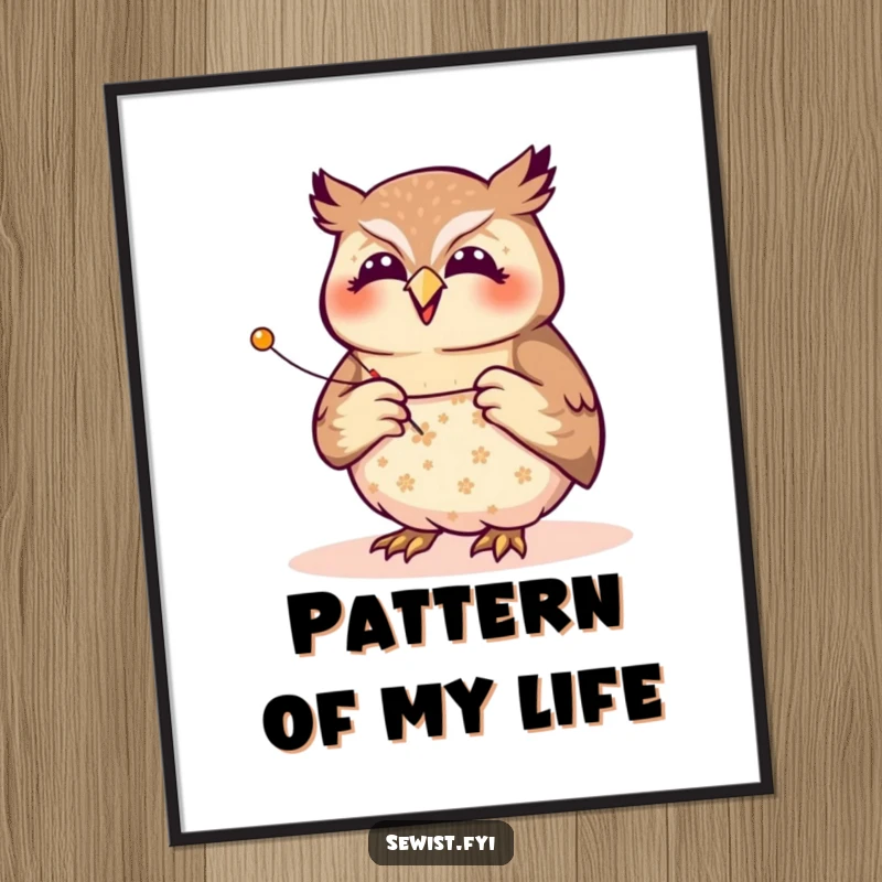 Funny owl seamstress digital art print, a joyful bird pinning a fabric pattern with focused precision, whimsical wall decor for sewers, a gift.