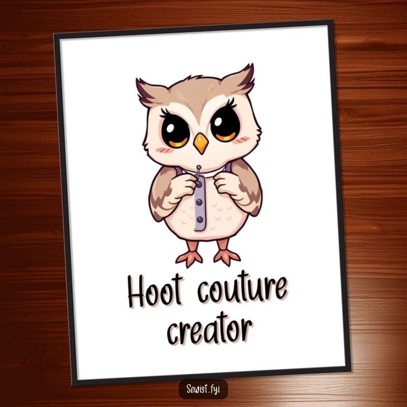 Funny digital art print: A contented owl expertly adjusts a dress form with a needle, symbolizing the art of tailoring.
