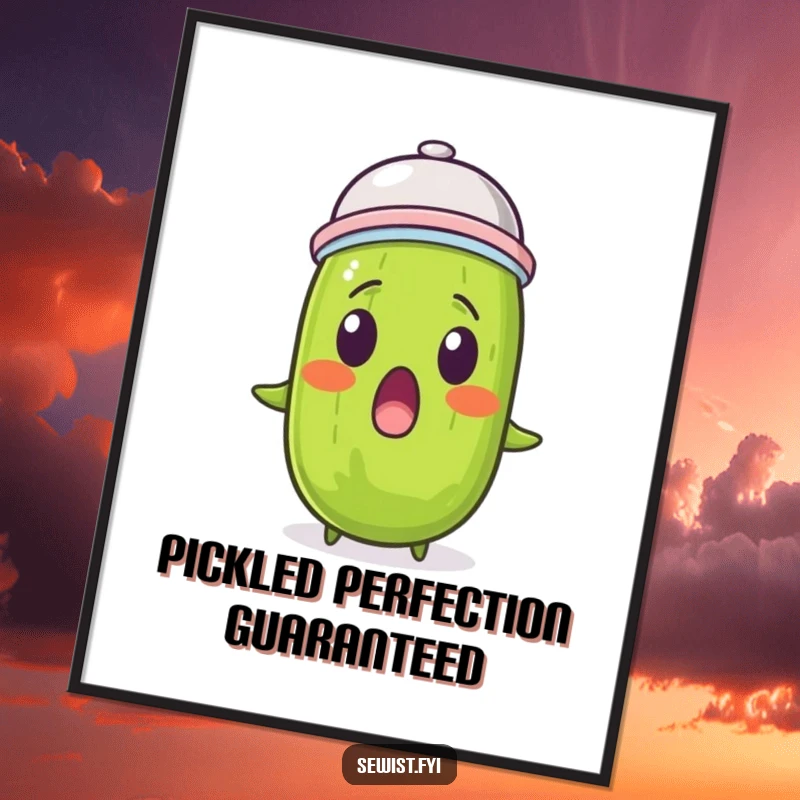 Funny pickle digital art print showing a surprised pickle wearing a thimble, ideal for instant wall decor.