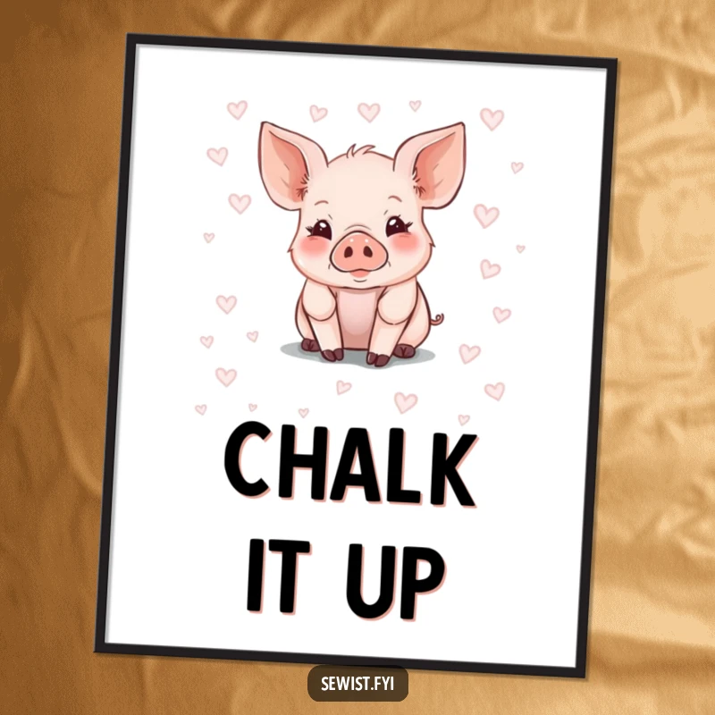 Funny Piglet Digital Art Print showing a cute piglet artist drawing fabric patterns with chalk, a humorous and printable decor piece.