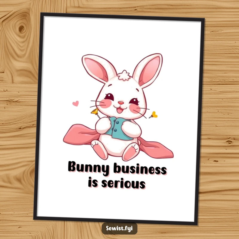 Funny Bunny Digital Art Print: A playful bunny carefully pinning fabric pieces, adding crafting precision to decor, gift.