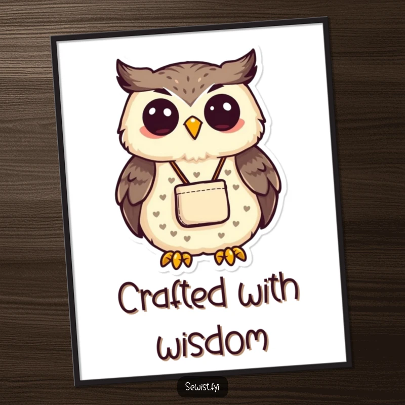 Funny proud owl proudly displaying a small, neatly sewn pouch. High-quality funny digital art.