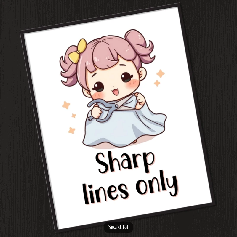 Funny digital art print of a character making a flourish while cutting fabric with scissors, perfect for sewing enthusiasts and crafters.