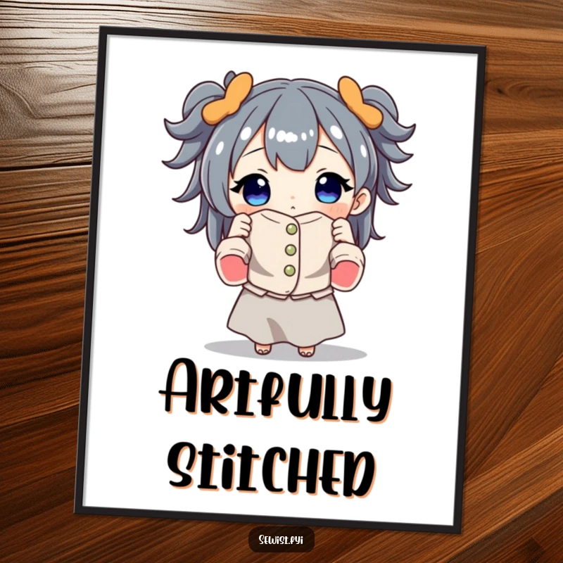 Funny digital art print of a character proudly holding a beautifully sewn garment, perfect for sewing enthusiasts and crafters seeking humorous decor.