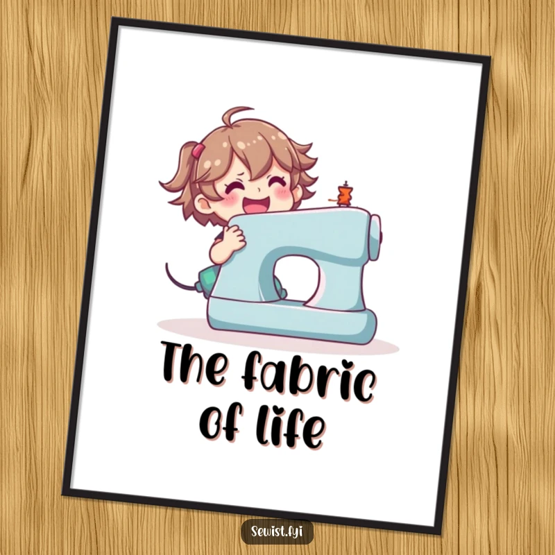 Funny sewing machine digital art print, happy character sewing with great enthusiasm.