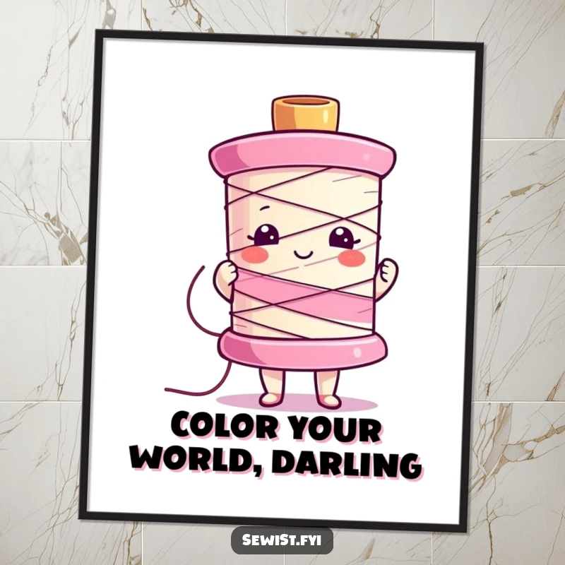 Funny digital art of a character proudly showing off a colorful sewing spool, perfect for craft room decor.