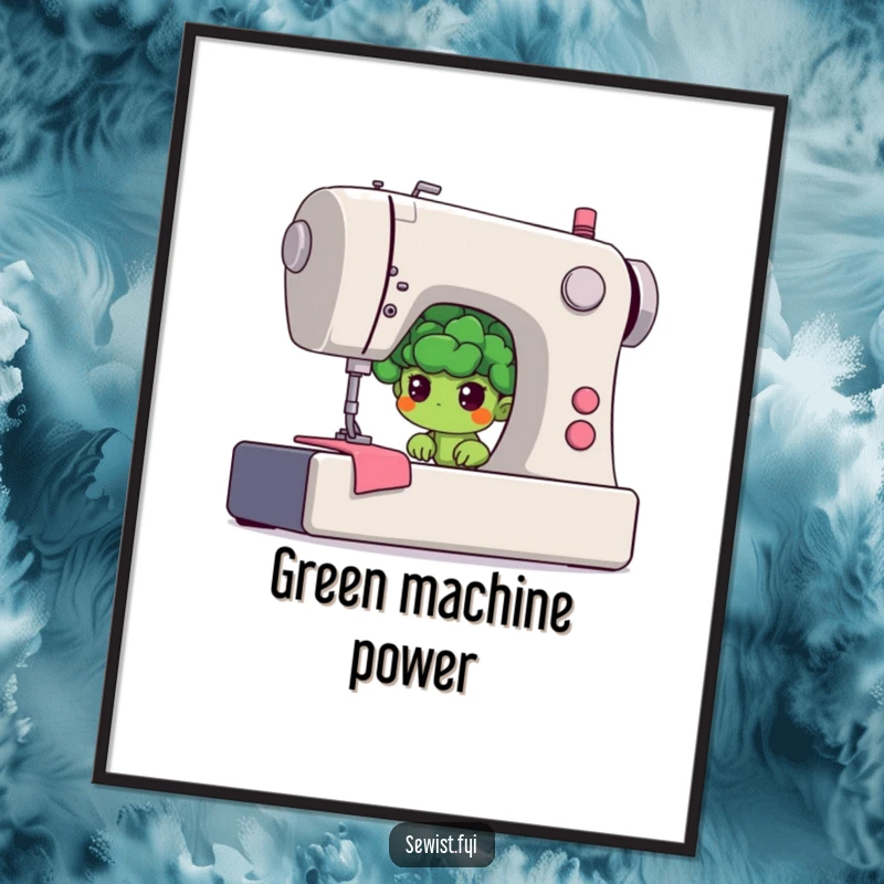 Funny broccoli digital art print featuring a shy floret hiding behind a giant sewing machine, printable wall decor.