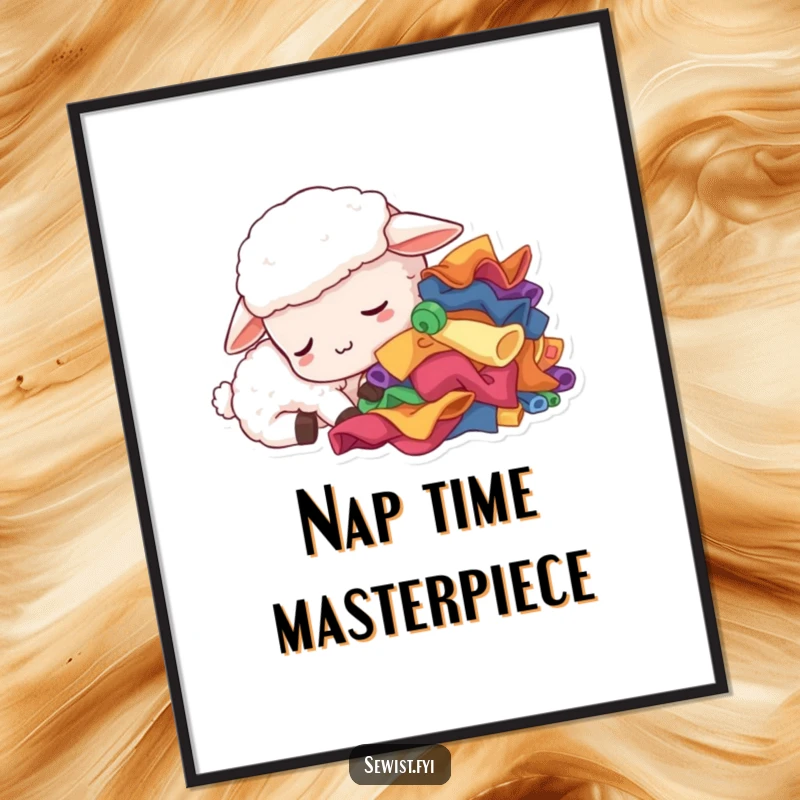 Funny sleepy sheep digital art print, a tired creature dozing next to fabric scraps, whimsical wall decor for sewers, a gift.