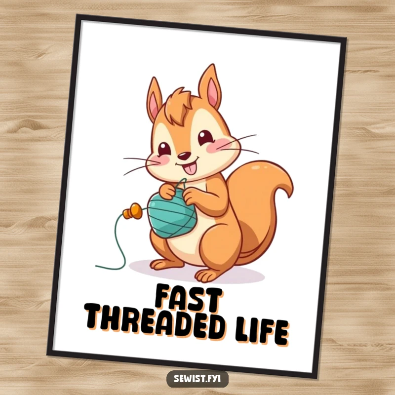 Funny Squirrel Art Print: A jolly squirrel character winding a bobbin with great speed, a humorous and artistic depiction of rapid creation.