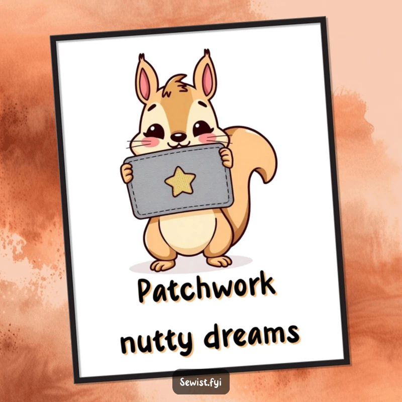 Funny digital art print: A cheerful squirrel proudly holds up a colorful, freshly sewn patch, symbolizing the joy of crafting.