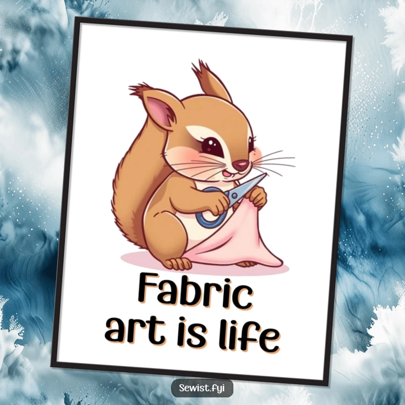 Funny squirrel tailor digital art print, a determined creature snipping fabric, whimsical wall decor for sewing enthusiasts, a humorous gift.