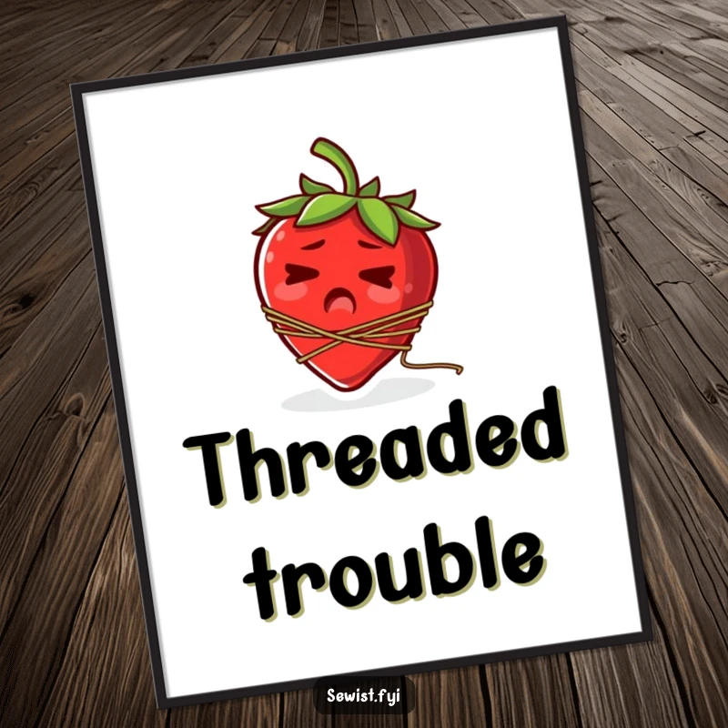 Funny digital art print of a startled strawberry comically tangled in a spool of thread.