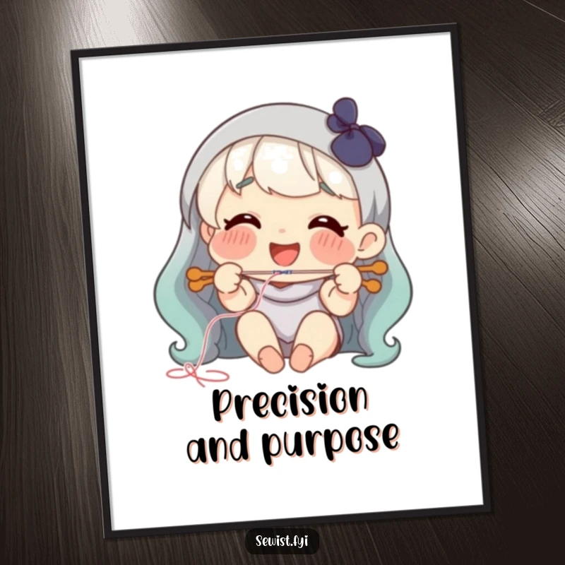 Funny threading needle digital art print, happy smiling character joyfully threading a needle.