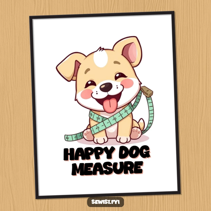 Funny digital art of a happy dog playfully measuring fabric with a tape measure, tongue sticking out.