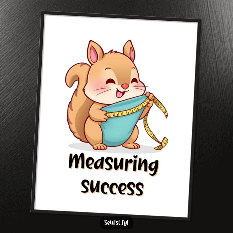 Funny Digital Art Print: A happy squirrel measures fabric with a tiny tape measure, charming sewing illustration.