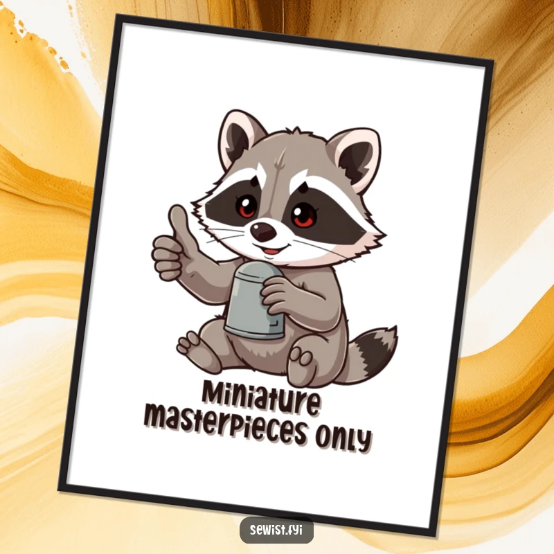 Funny digital art print of a raccoon giving a thumbs-up and holding a thimble, ideal for instant humorous wall decor.