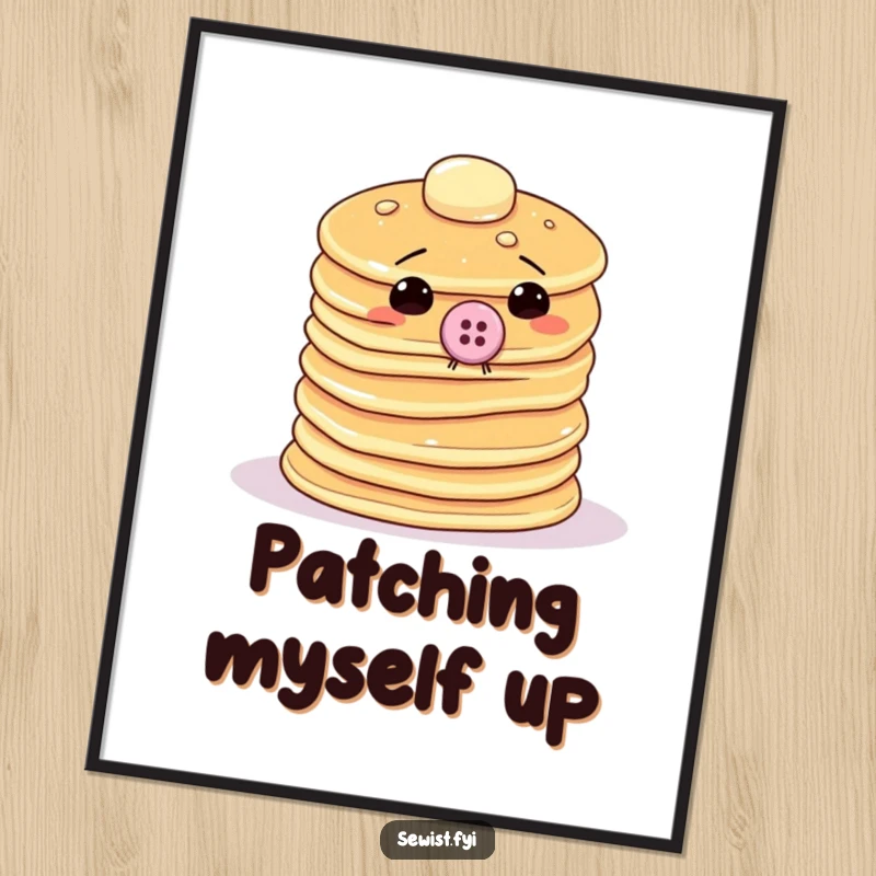 Funny pancake digital art print featuring a wobbly stack attempting to sew a giant button onto itself, printable wall decor.