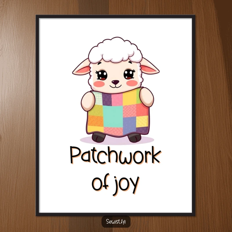 Funny sheep with wide eyes, admiring a colorful patchwork quilt, a charming digital art print celebrating the joy of quilting.