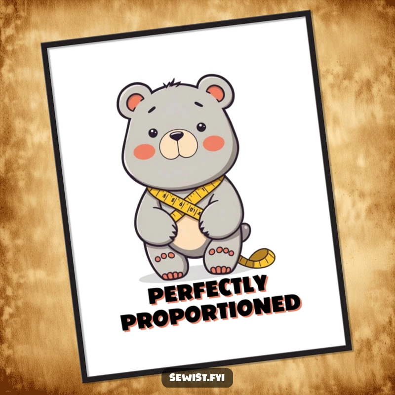 Funny determined bear measuring fabric with a tape measure around its neck. High-quality funny digital art.