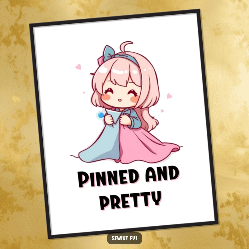 Funny digital art print of a character happily pinning fabric pieces together, perfect for sewing enthusiasts and crafters seeking humorous decor.