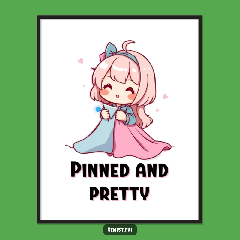 Funny Sewing Digital Art: Printable Wall Decor Of Character Pinning Fabric