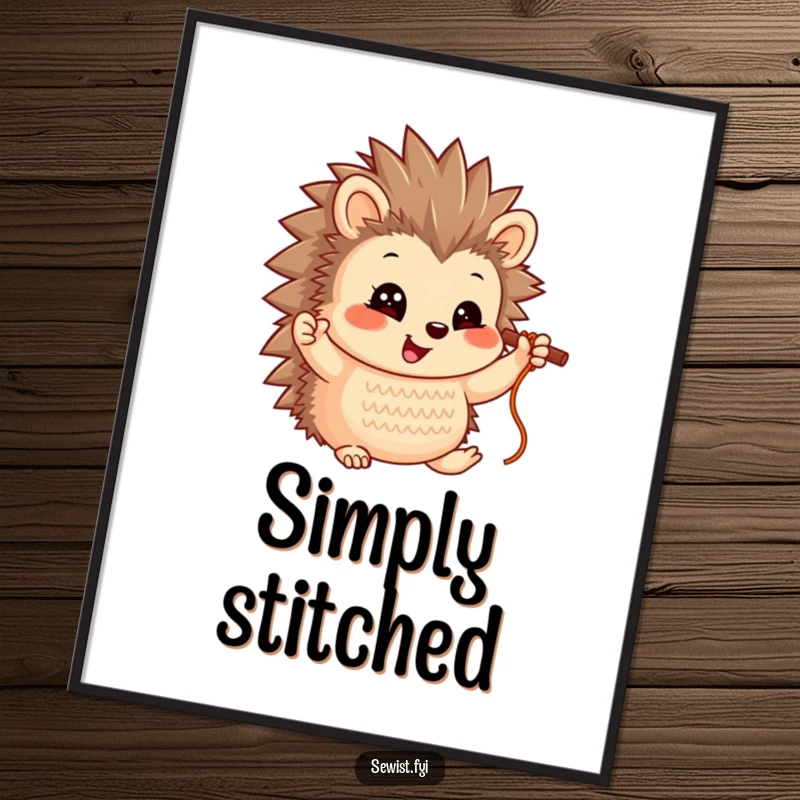 Funny Hedgehog Art Print: A smiling hedgehog character proudly holding up a completed stitch, a humorous and artistic depiction of success.