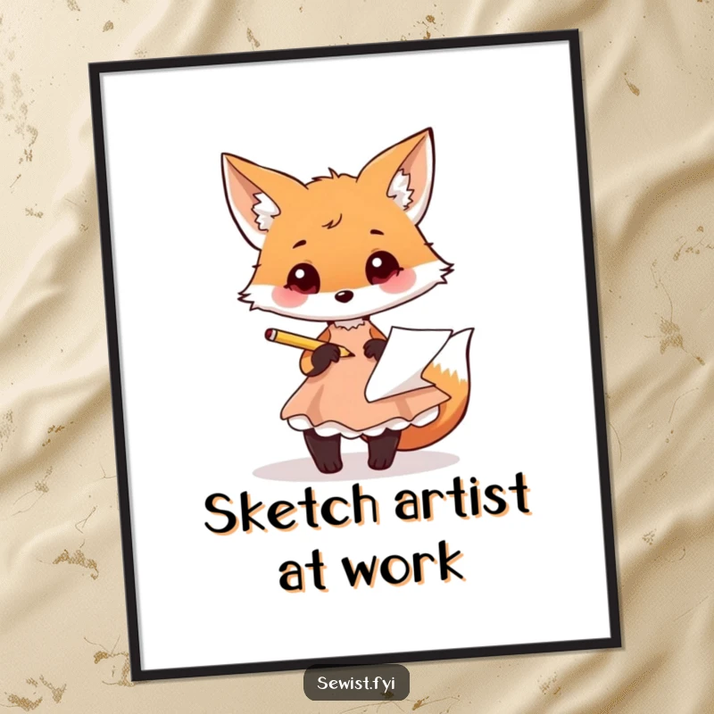 Funny fox digital art print of a playful fox sketching a dress design with a pencil, for creative spaces.