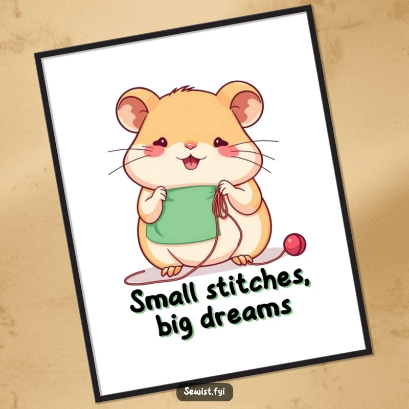 Funny beaming hamster sews with concentration using needle and thread, vibrant digital art for crafters.