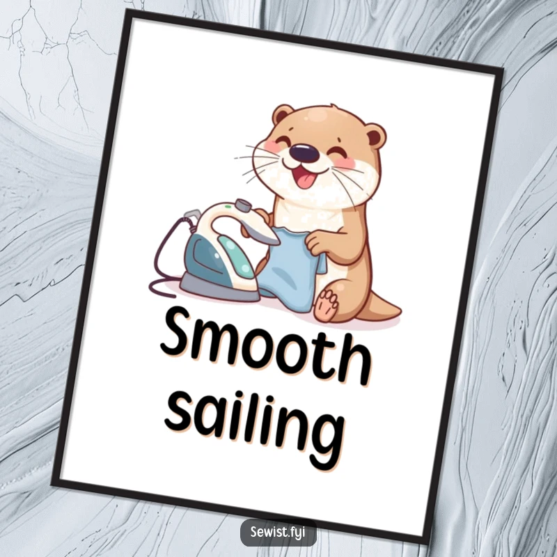 Funny Otter Digital Art Print showing a happy otter ironing a small garment with a tiny iron, a humorous and printable decor piece.