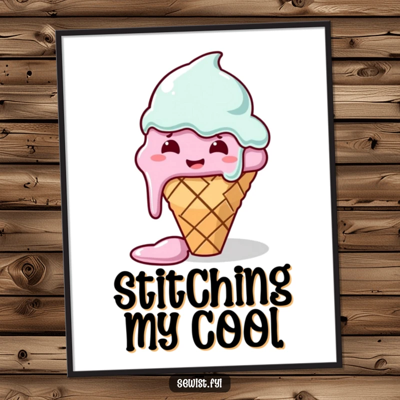 Funny digital art print of a melting ice cream cone hilariously attempting to sew, perfect for instant download and humorous wall decor.