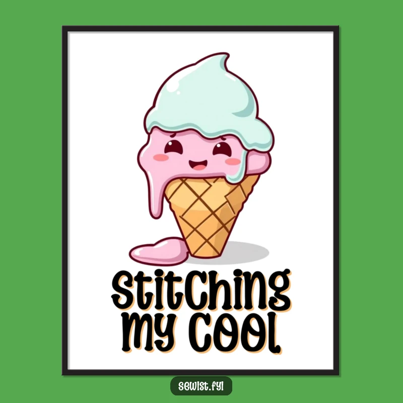 Funny Digital Art Print: Melting Ice Cream Cone Sewing Struggle, Instant Wall Decor