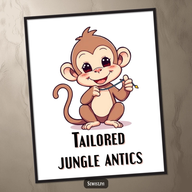 Funny digital art print: A playful monkey is captured mid-zigzag stitch, showcasing dexterity and the art of sewing.