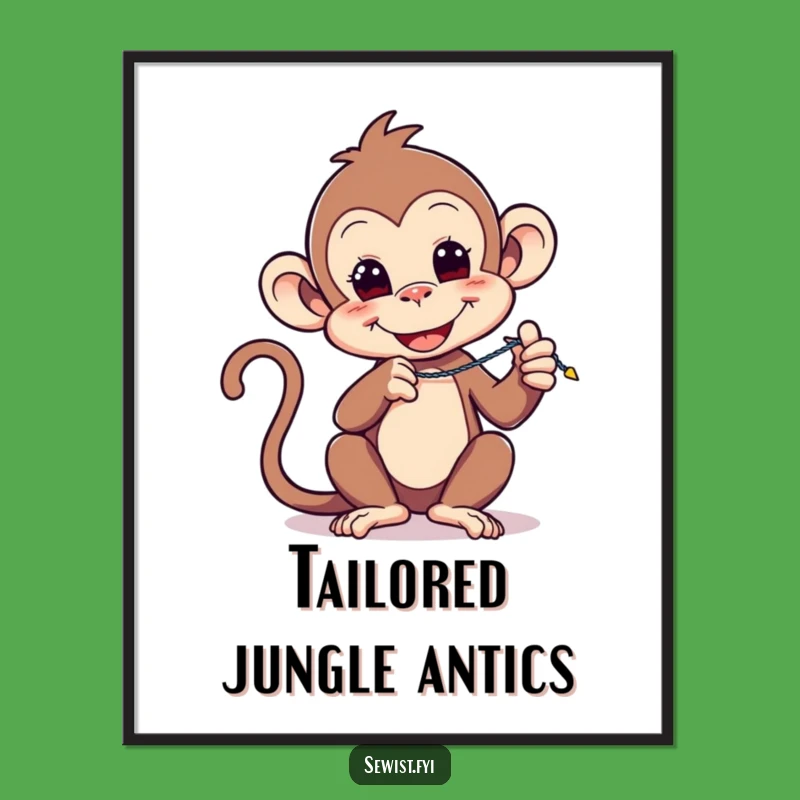 Funny Monkey Stitch Digital Art: Playful Primate's Zigzag Skill, Instant Gift