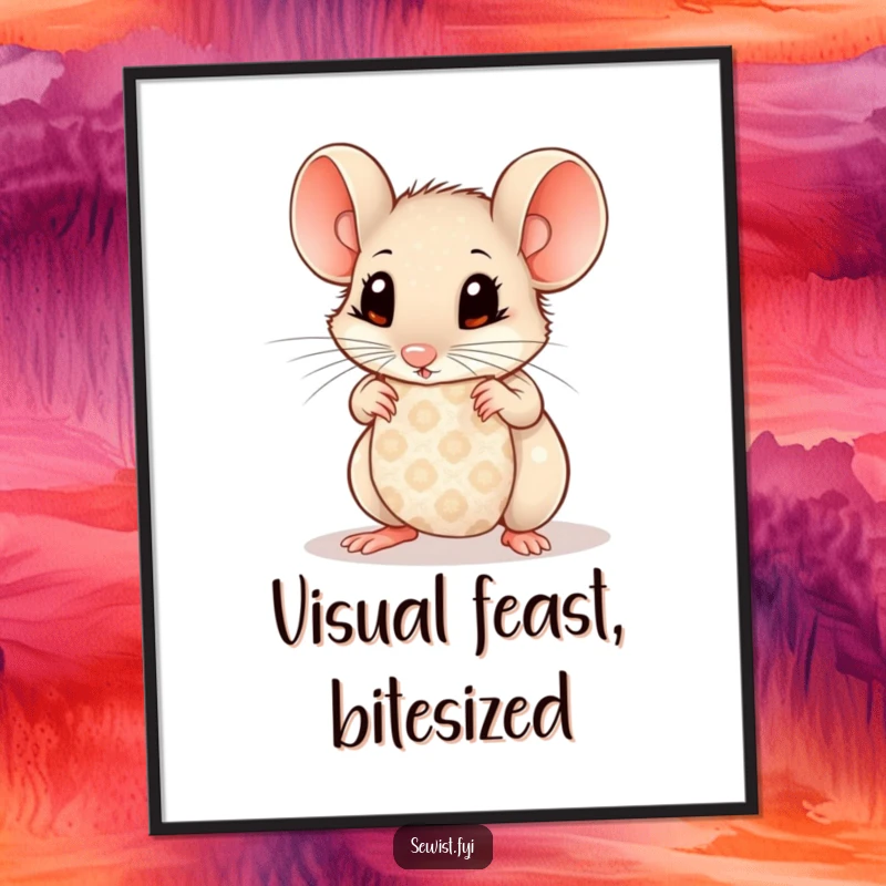 Funny Mouse Digital Art Print: Curious mouse with wide eyes examining patterned fabric, instant download for charming decor.