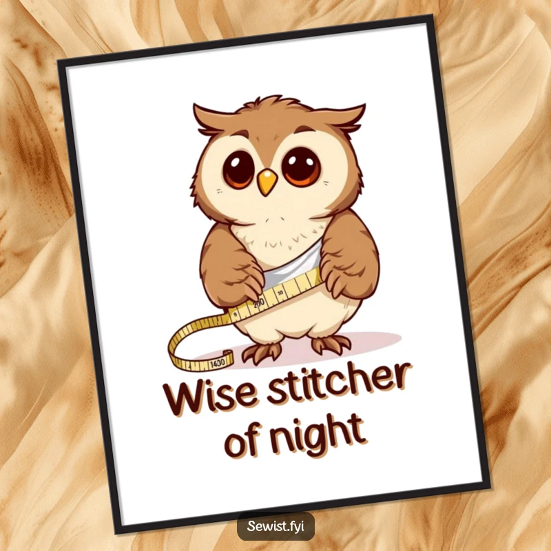 Funny curious owl measures fabric with a tape measure, vibrant digital art for crafters.