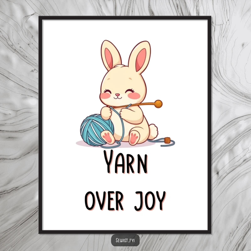 Funny Digital Art Print of a cute bunny character happily threading a large needle with yarn, perfect for wall decor.