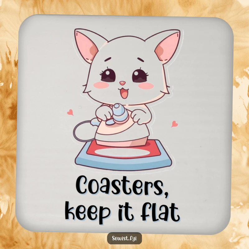 Funny coaster set featuring a character enthusiastically ironing a flat creation, protecting surfaces with humor.