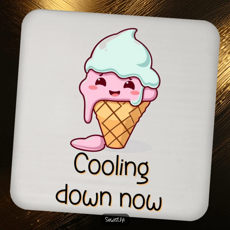 Funny drink coaster showing a melting ice cream cone hilariously failing to sew a straight line, protecting surfaces with humor.