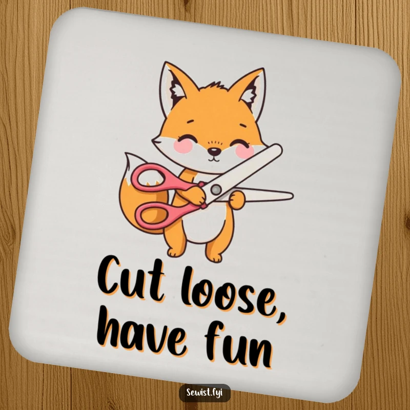 Funny Coasters with a playful fox character cutting fabric with novelty scissors, adding sewing charm.