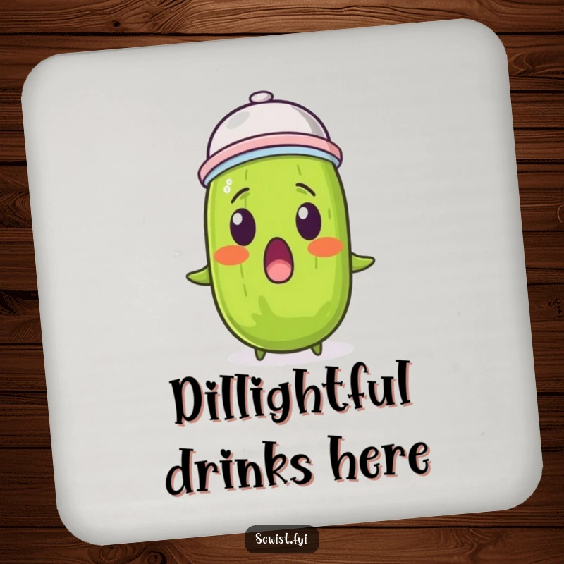 Funny pickle thimble coaster featuring a surprised pickle wearing a thimble, protecting surfaces with art.