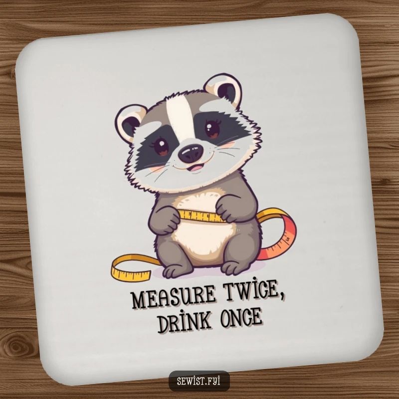 Funny coaster: A determined badger measures fabric with a tape measure, adding a precise and decorative touch to surfaces.