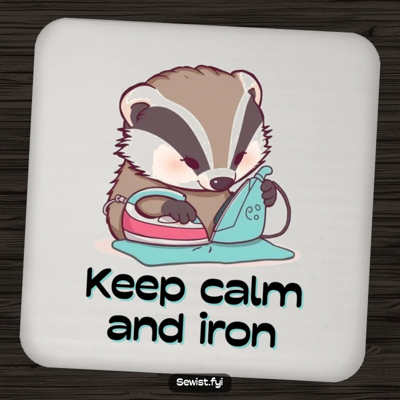 Funny Badger Ironing Coaster - Humorous coaster featuring a badger using a tiny iron to flatten a seam, protecting surfaces with style.