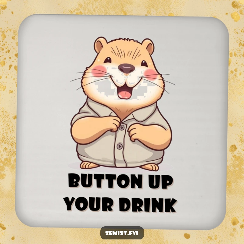Funny Capybara Drink Coasters: A joyful capybara sewing a button, protecting surfaces with calm humor, a practical and funny gift.