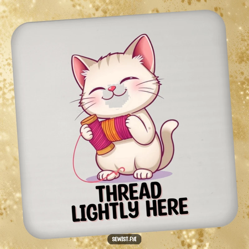 Funny giggling cat holding a spool of thread, ready to stitch, a set of comical drink coasters for sewing enthusiasts.